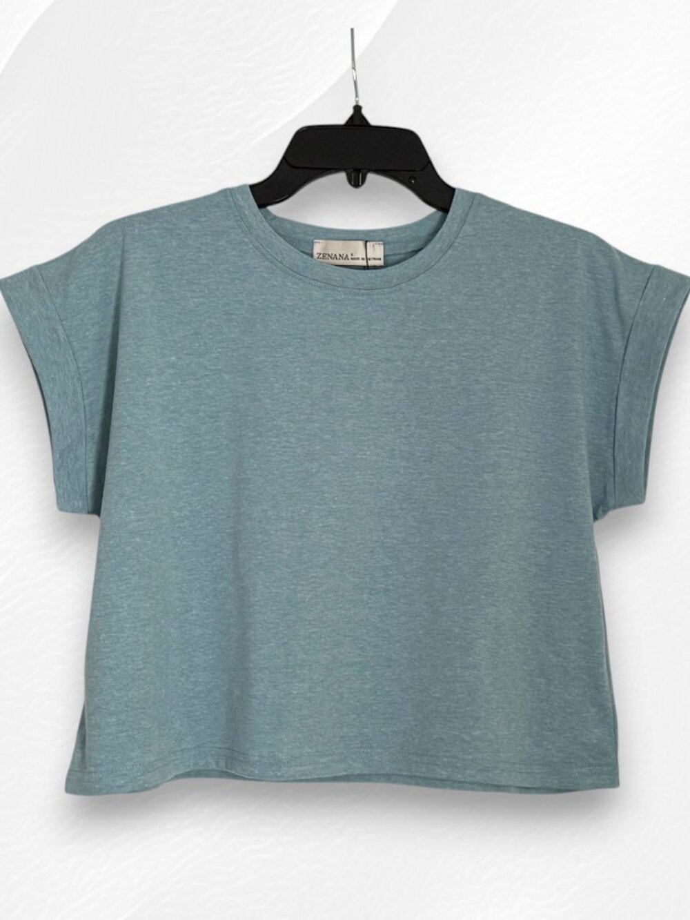 Zenana Premium Cotton High Thread Count Rolled Short Sleeve Dusty Teal Tee Shirt - Picture 3 of 7